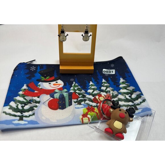 Snowman Print Zippered Pouch With Snowman Earrings & Reindeer Keychain Set - Picture 2 of 2